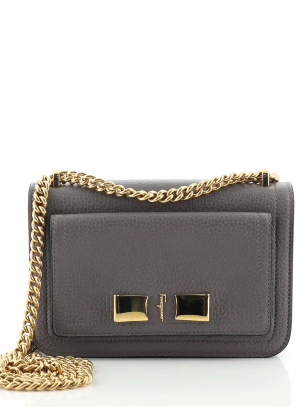 Salvatore Ferragamo Grey Leather Crossbody with Gold Chain
